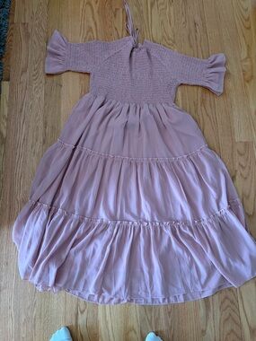 JessaKae Blush Pink Tiered Midi Dress with Smocked Bodice